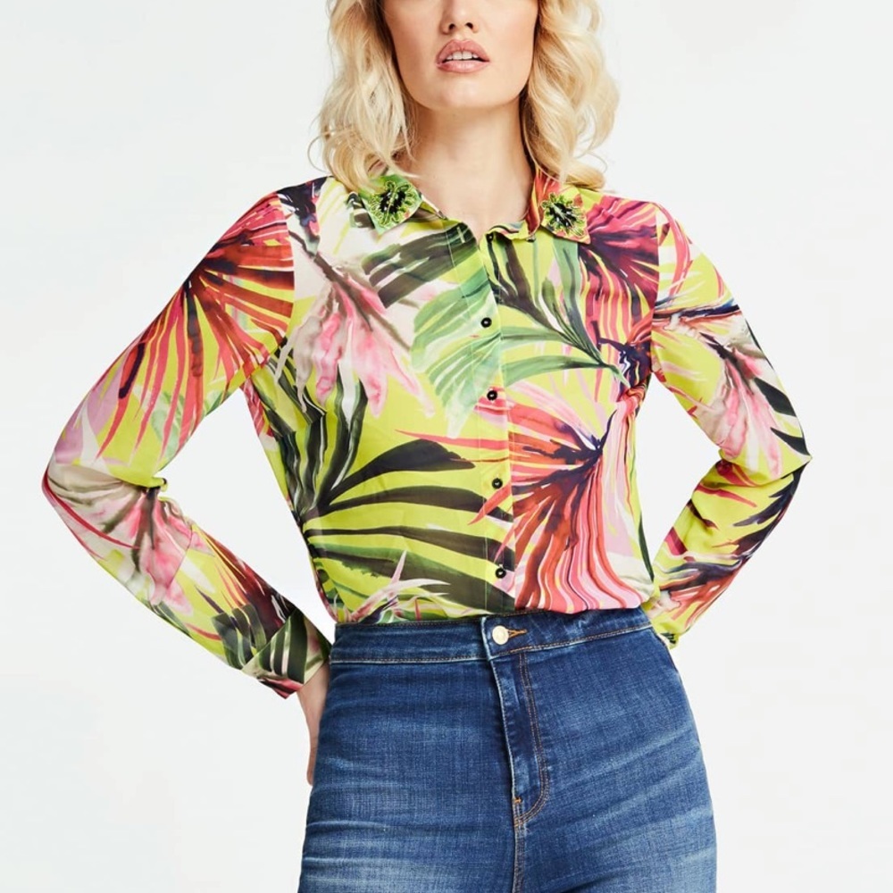 GUESS Tropical Palm Print Button Down Shirt Embellished Collar Sheer Women Small